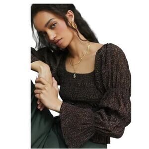 Anthropologie Metallic Square Neck Puff Sleeve Smocked Top S